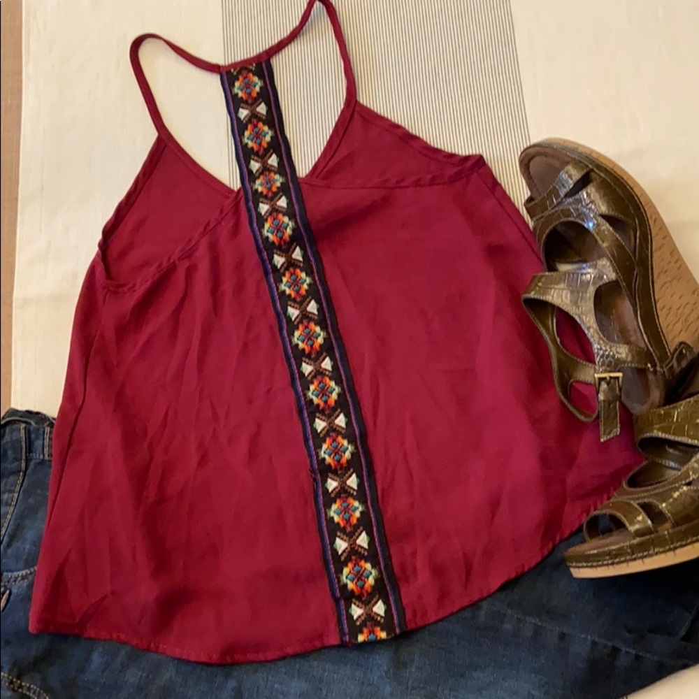 ANNIANNA Boho Racerback Embroidered Cropped Tank Top SMALL Burgundy Red Black - Picture 3 of 7